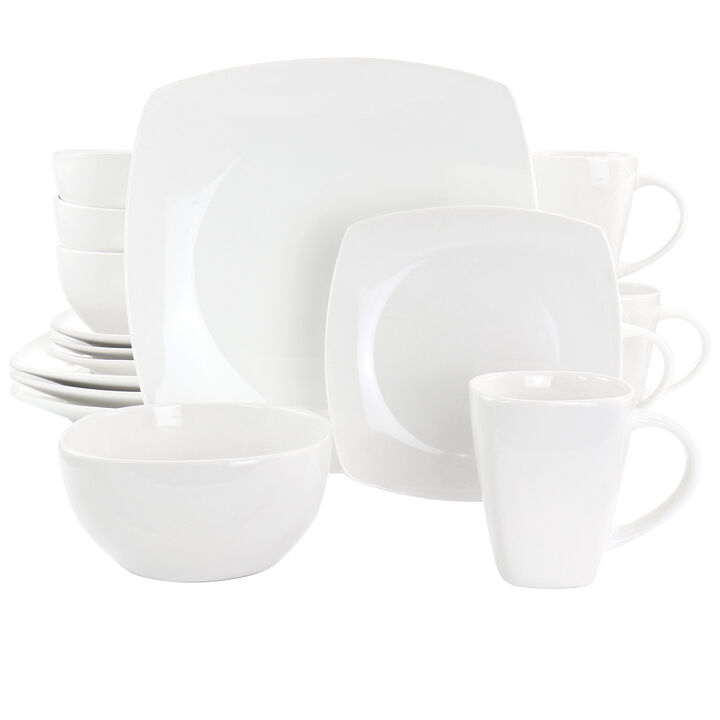 Gibson Elite Soho Lounge 16 Piece Square Fine Ceramic Dinnerware Set in White