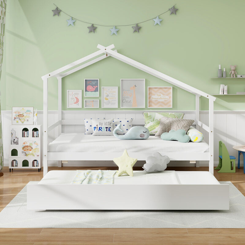 House Bed with Trundle and Roof &ndash; Space-Saving Fun Bed for Kids&rsquo; Room