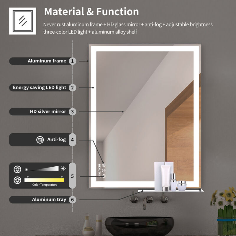 ELEMENT ACE LED Wall Mounted Bathroom Vanity Mirror with Adjustable White Warm Natural Light Anti-Fog Touch Switch Memory Function Smart Large Rectangular Bathroom Mirror image number 5