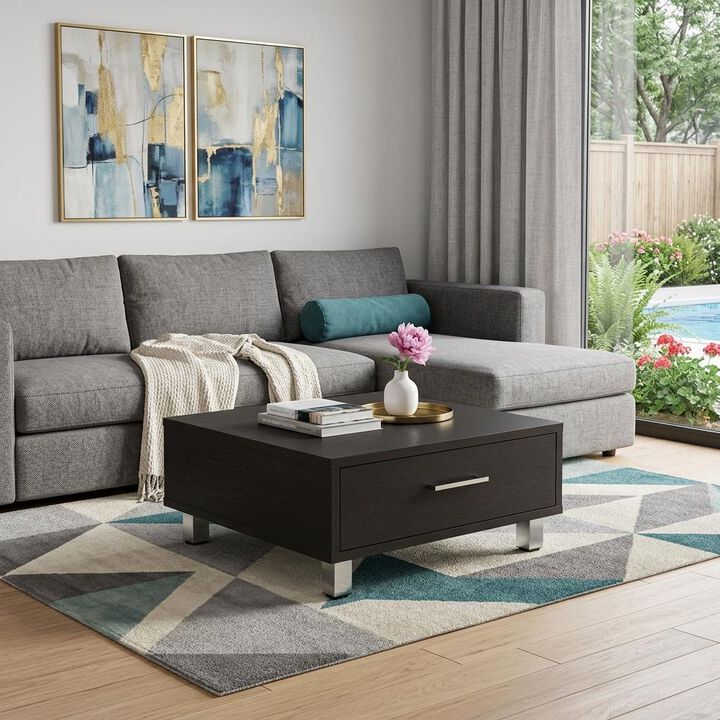 HomeRoots 24" Black Coffee Table With Drawer