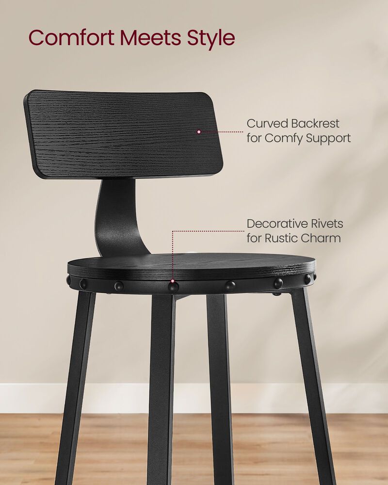 Set of 2 Tall Bar Stools with Backrest &ndash; Heavy-Duty Steel Frame for Kitchen