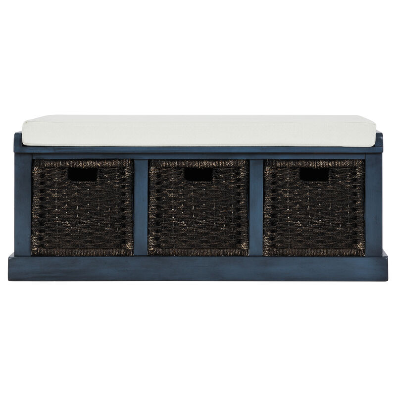 Whisen Rustic Storage Bench with Removable Cushion and 3 Removable Fabric Basket - White