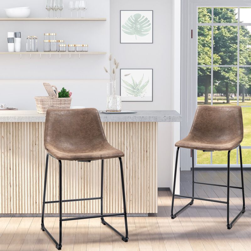 Brown Bar Seating: Set of 2 Vintage PU Leather Counter Height Stools