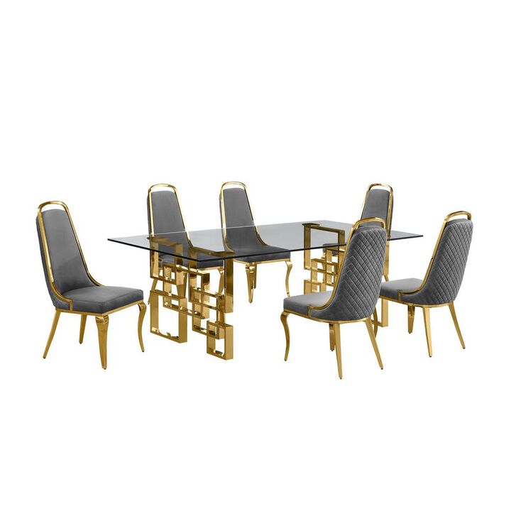 7-piece glam dining set with 6 Dark grey chairs and one 95" glass dining table