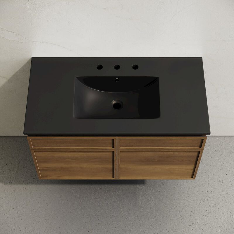 36" Wall-Mounted Bathroom Vanity in Brown Oak, Black 3-Hole Widespread Sink Top image number 2