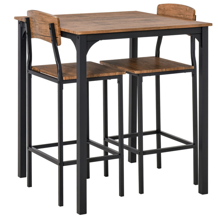 3 Piece Bar Table Set, Industrial Counter Height Dining Table Set, Bar Table Chairs with Steel Legs Footrests, Black