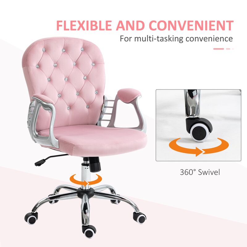 Pink Velvet Office Chair: Tufted, Padded Arms, Swivel