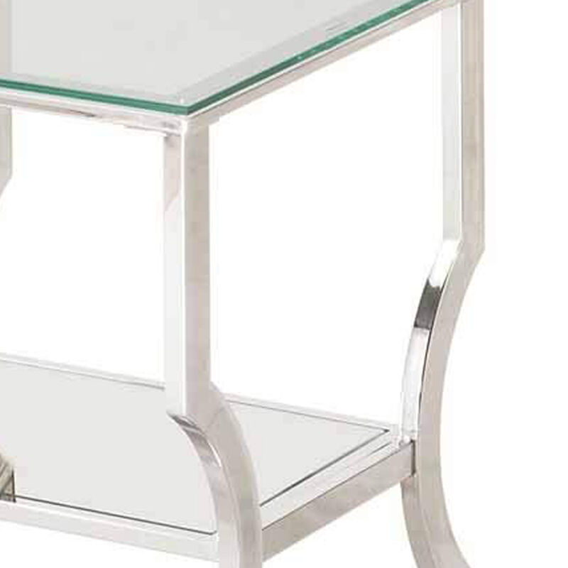 Glass Top End Table with Mirrored Bottom Shelf, Clear and Silver-Benzara