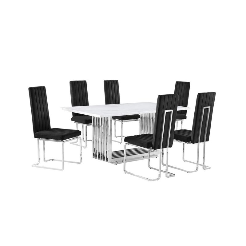 7pc Small(68") marble top dining set with silver base and 6 Black side chairs