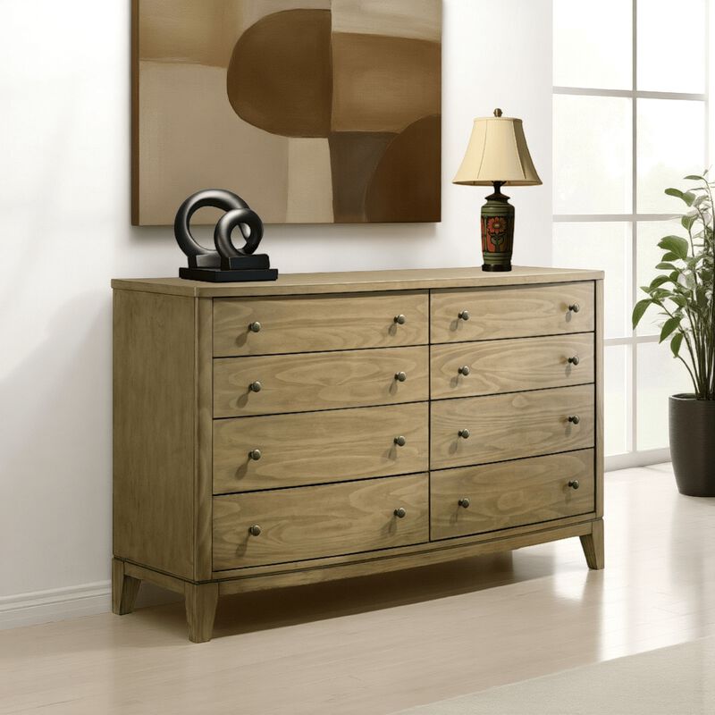 Heon Wide Dresser, 8 Drawers w Round Nickel Knobs, Natural Brown Pine - Benzara