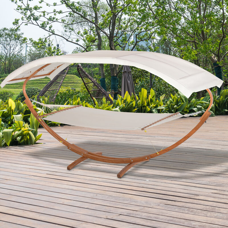 Outsunny Outdoor Hammock with Stand & Accessories, Heavy Duty Wooden Frame, Extra Large Sun Shade Canopy, Indoor Outside Boho Style Nap Bed, Natural Cotton, White