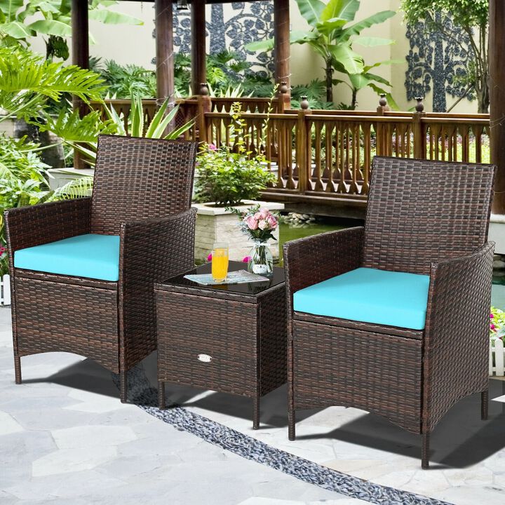 Mondawe 3 Pieces Patio Cushioned Rattan Converstaion Set With Glass Table Top