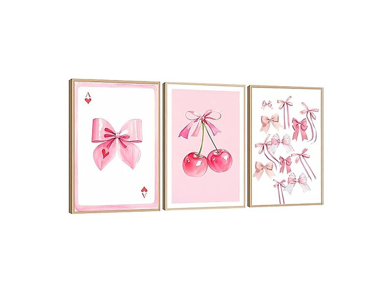 3 Pack Coquette Pink Bow Canvas Wall Art Cherry Decor Poster Girls Room Preppy image number 0