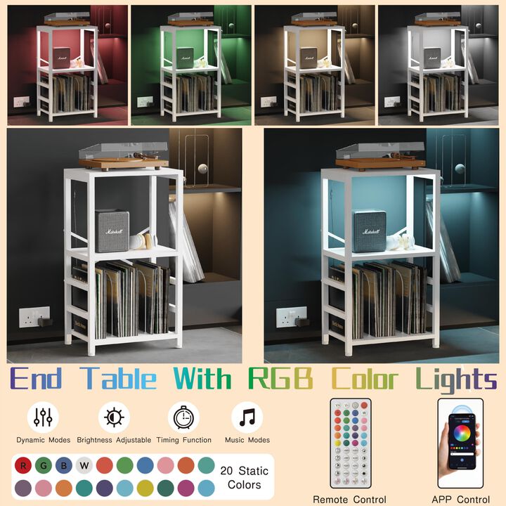 YAKANJ End Table with LED Light,Record Player Stand with Albums Storage,Vinyl Records Storage,Turntable Stand Side Table for Mus
