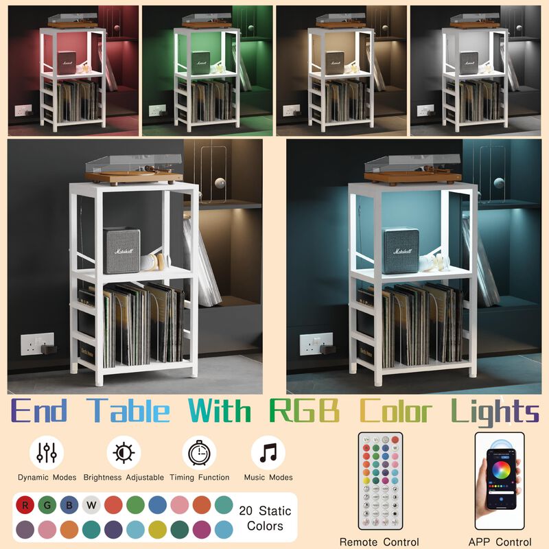 YAKANJ End Table with LED Light,Record Player Stand with Albums Storage,Vinyl Records Storage,Turntable Stand Side Table for Mus