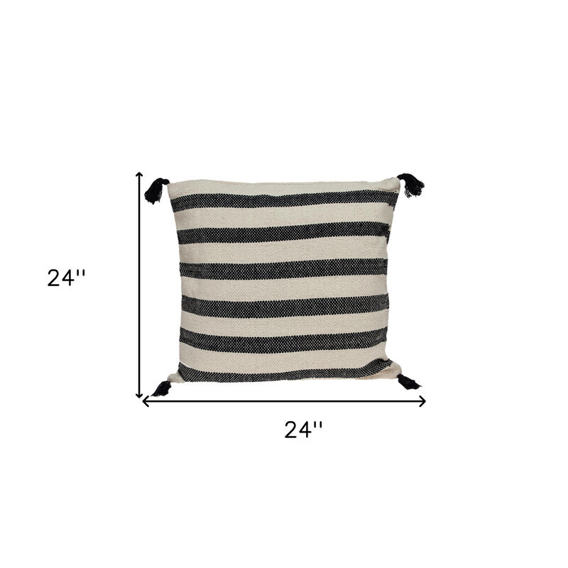 HomeRoots 24" Beige and Black Striped Cotton Throw Pillow With Tassels image number 4
