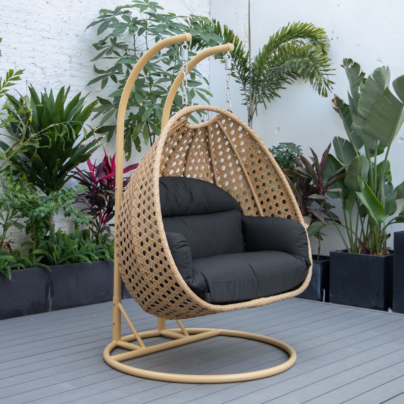 LeisureMod Mendoza Light Brown Wicker Hanging 2 person Egg Swing Chair Removable Cushion With Iron Base