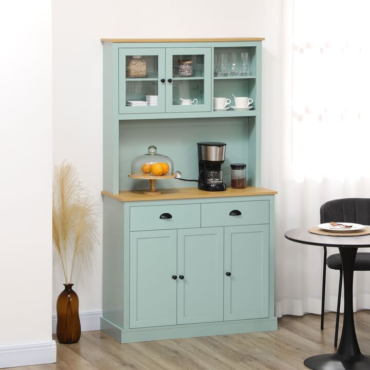 Light Blue Kitchen Cabinet: 71" Pantry with Hutch, Glass Doors