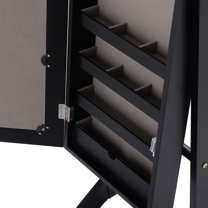 Hivvago Black Wood Jewelry Storage Cabinet Freestanding Floor Mirror