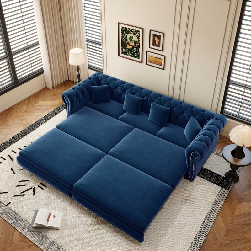 3-in-1 Pull-Out Sleeper Sofa, Velvet Chesterfield Sofa with Rolled Arms and Tufting, 89 Inch Convertible Sofa Bed with Ottoman image number 5