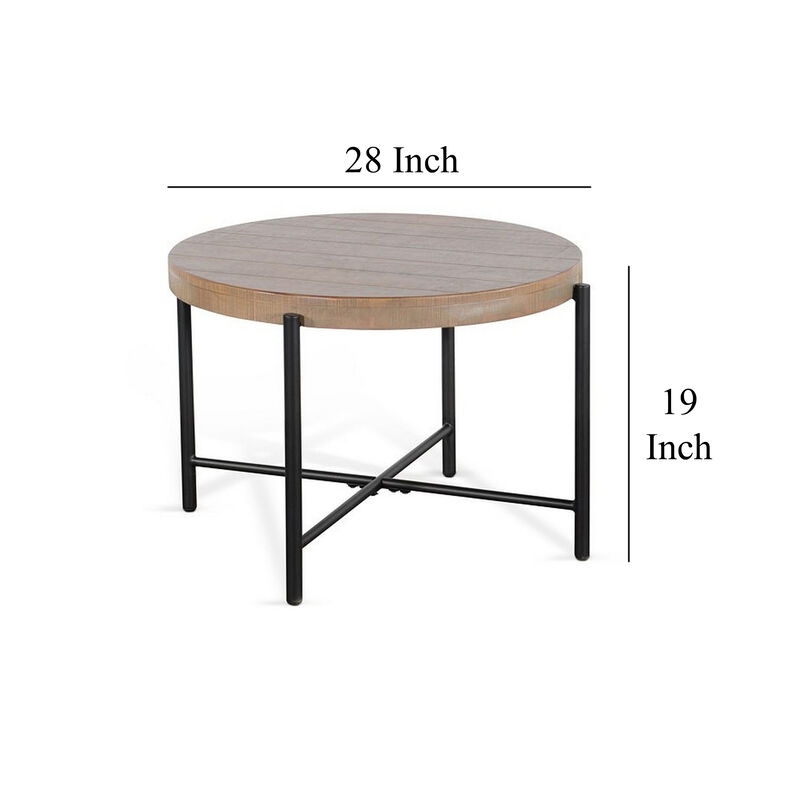 Reena End Table, Light Brown Mahogany, Black Metal, Round 28 Inch