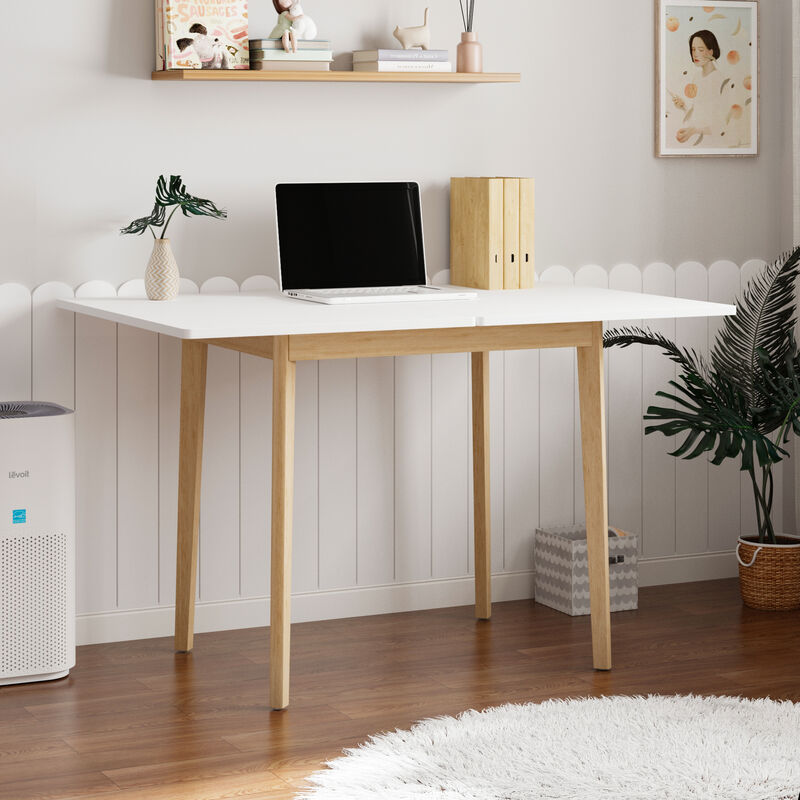 FUFU&GAGA Expandable Office Desk, Modern Folding Desk with Eco-Friendly Rubberwood Legs, (47.2" L x 31.5" W x 29.3" H) ,White