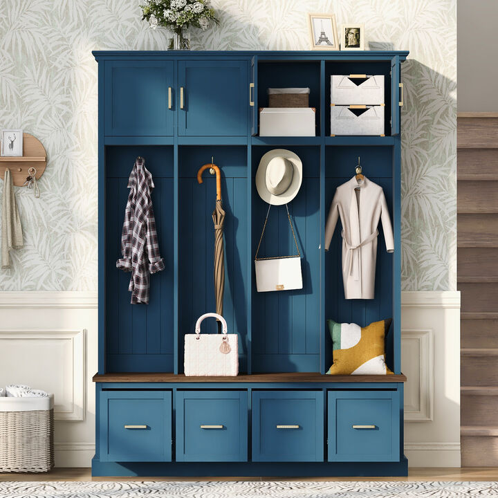 Merax All-in-One Entryway Hall Tree with Hanging Hooks, Upper Cabinet, 3 Drawers & Seating Bench