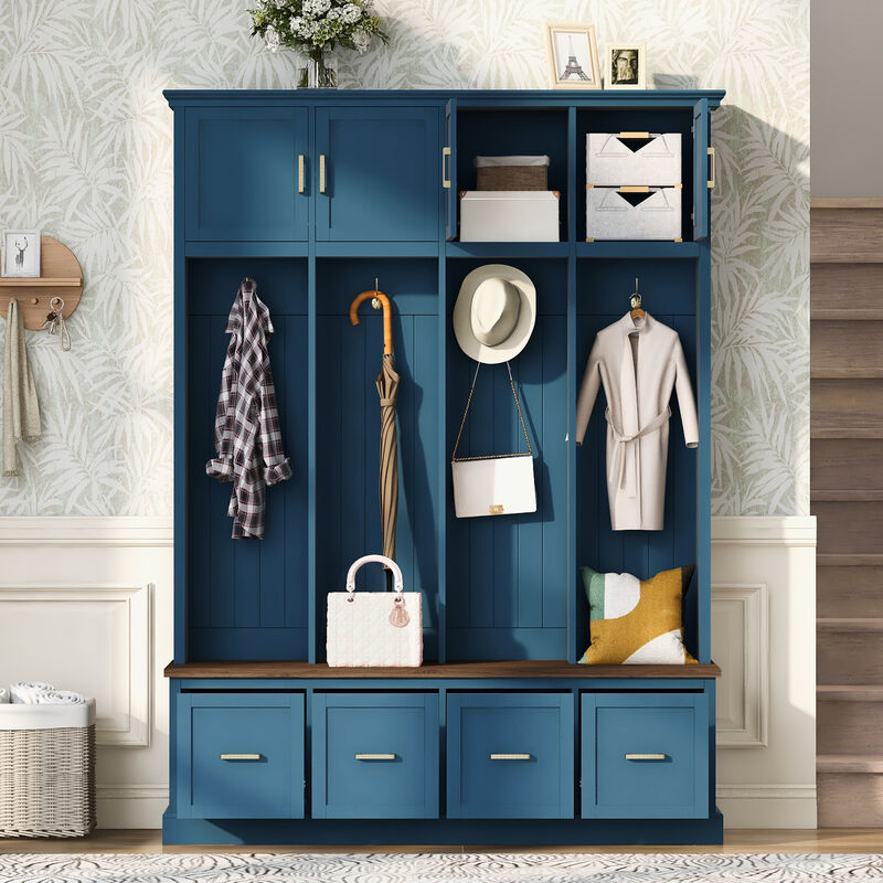 Merax All-in-One Entryway Hall Tree with Hanging Hooks, Upper Cabinet, 3 Drawers & Seating Bench image number 1