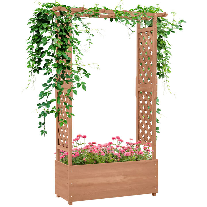 Outsunny Raised Garden Bed with Arch Trellis for Vine Climbing Plants, Hanging Flowers, 70.75" Tall Outdoor Wood Planter Box with Drainage Hole & Fabric Filter for Backyard, Patio, Brown