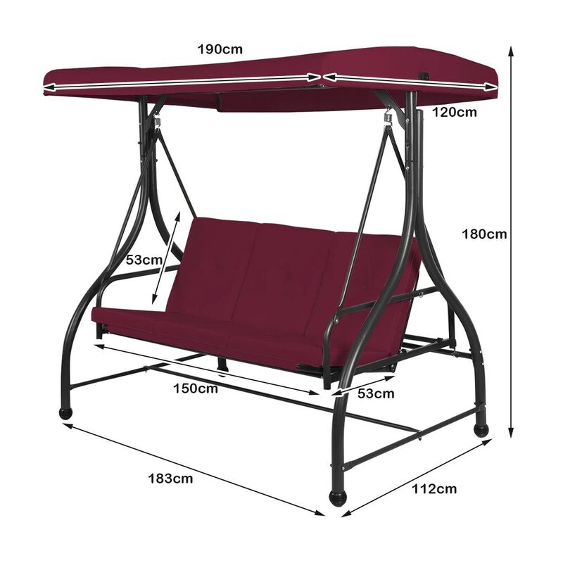 Mondawe 3 Seats Outdoor Porch Swing Hammock Glider with Cushions and Adjustable Tilt Canopy
