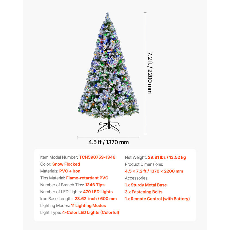 VEVOR Christmas Tree 7.2ft Prelit Snow Flocked Tree with 470 Colorful LED Lights image number 6