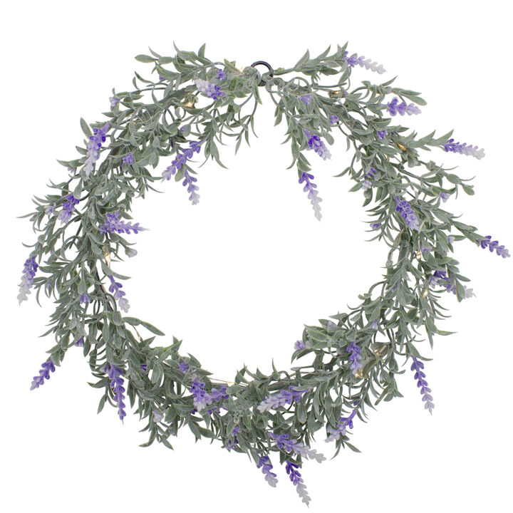 Artificial LED Lighted White and Purple Lavender Spring Wreath- 16-inch  White Lights