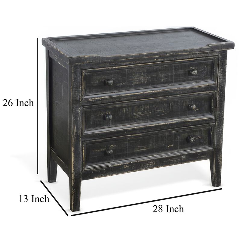 Rena Side End Table with 3 Drawers, 28 Inch Rustic Black Mahogany Wood
