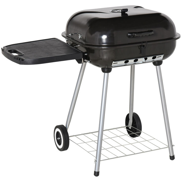 Outsunny 21" Portable Charcoal Grill with Wheels and Bottom Shelf, BBQ Smoker with Adjustable Vents on Lid for Picnic Camping Backyard Cooking, Black