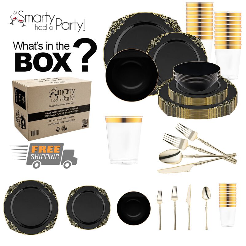 Black with Gold Fancy Round Plastic Tableware Set (60 Sets) image number 3