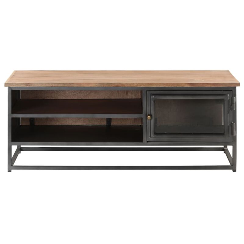 vidaXL Solid Acacia Wood Coffee Table with Storage Compartments and Glass Door, Stylish Hardwood Center Table with Steel Legs for Living Room or Office, Gray, 35.4"x19.7"x13.8"