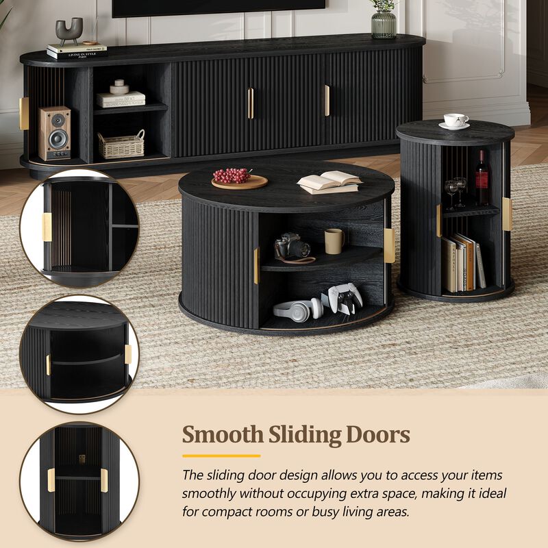 Clihome Wooden TV Stand Coffee Table Set with Fluted Sliding Door for Living Room image number 2