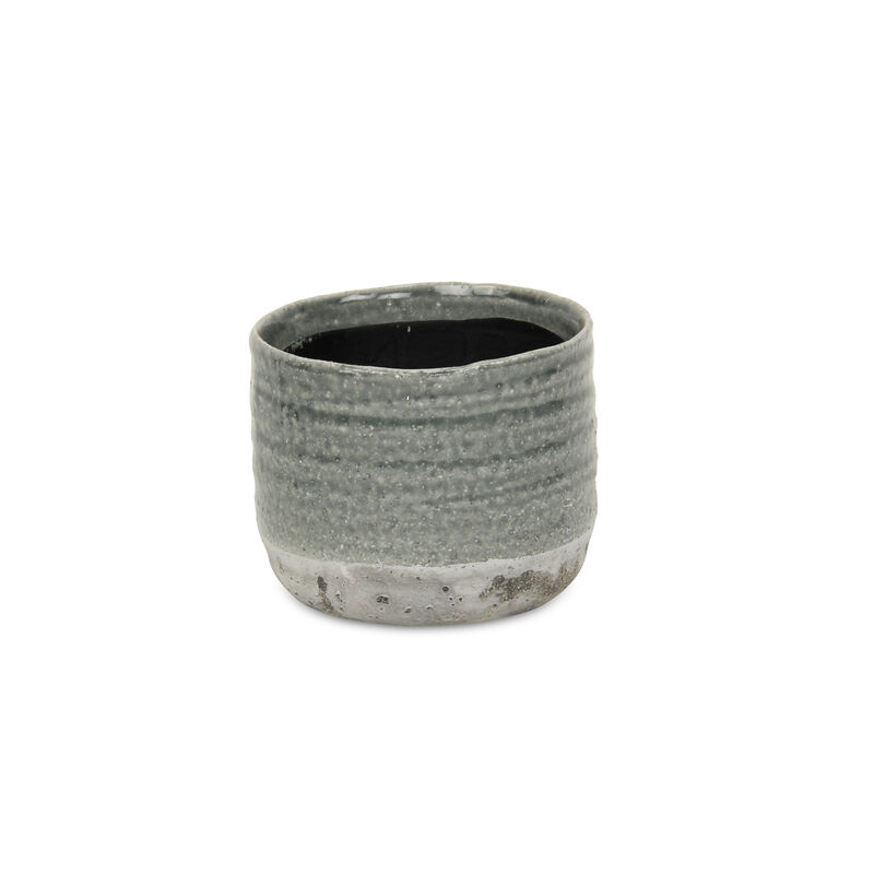 HomeRoots Gray Ceramic 19 Ounce Two Toned Round Distressed Pot Planter image number 2