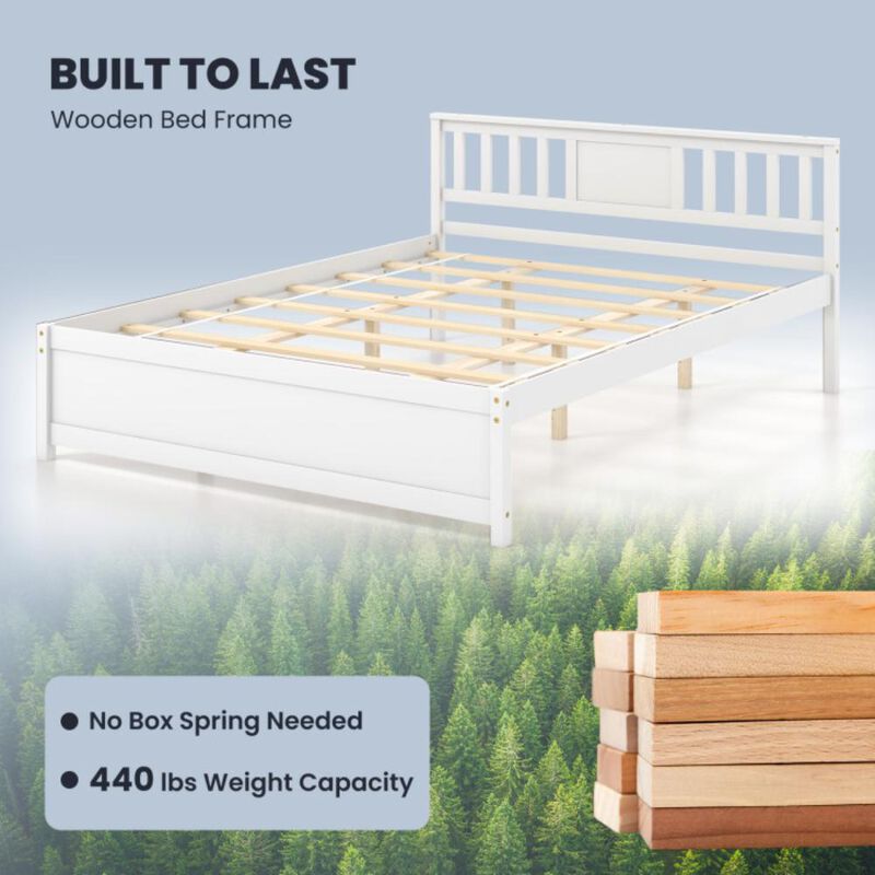 Hivvago Wooden Platform Bed with Headboard and Wood Slat Support White-Queen Size