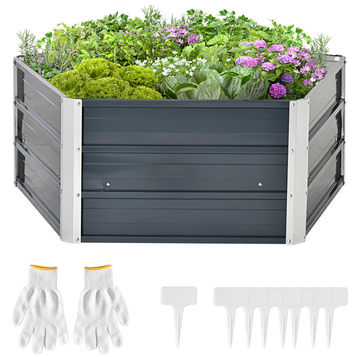 Outsunny 40'' Hexagon Raised Garden Bed, Outdoor Metal Planter Box with Gloves, for Backyard, Patio to Grow Vegetables, Herbs, and Flowers, Gray