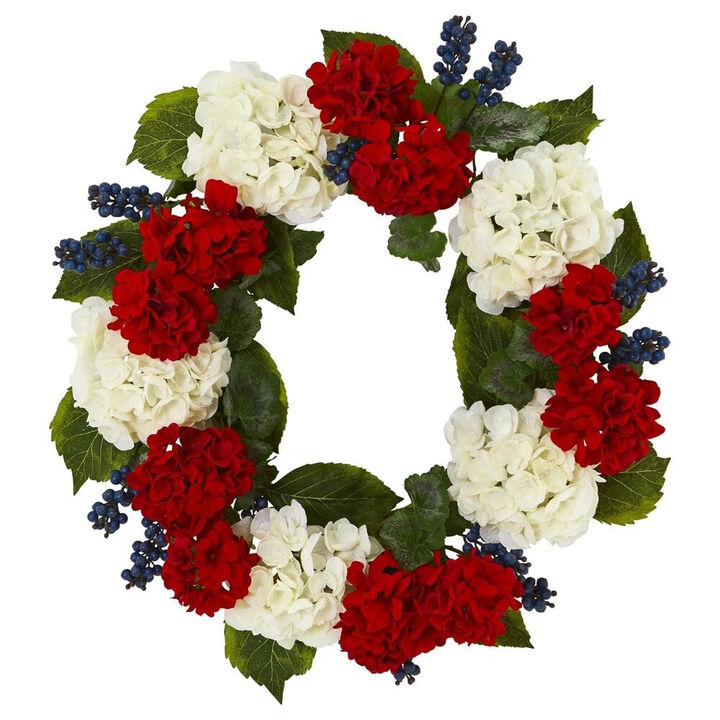Nearly Natural 21-in Geranium and Blue Berry Artificial Wreath