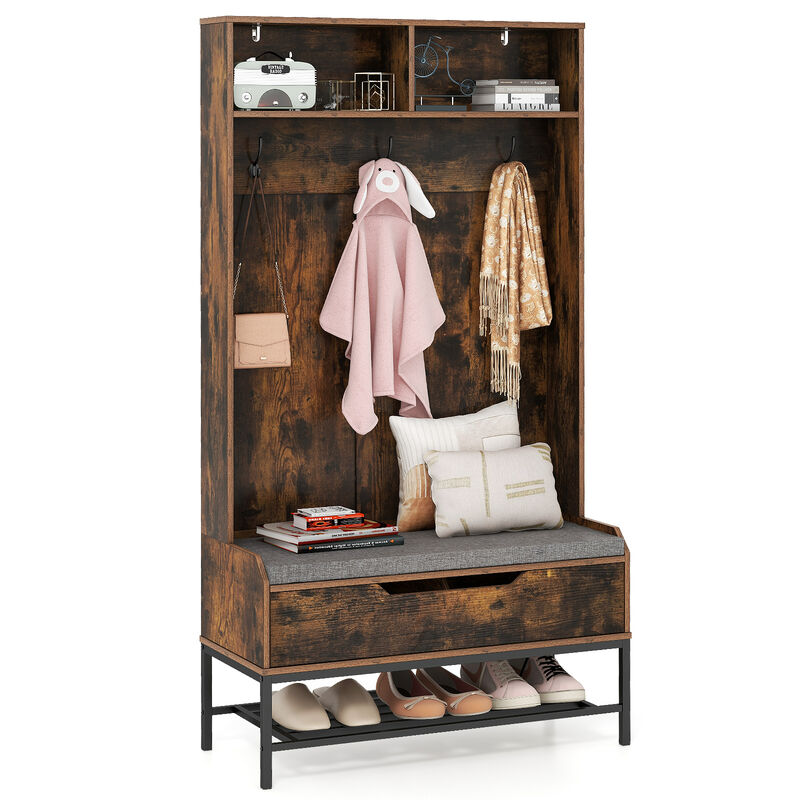 Modern Tall Hall Tree 4-in-1 with Cushioned Seat and Shoe Storage