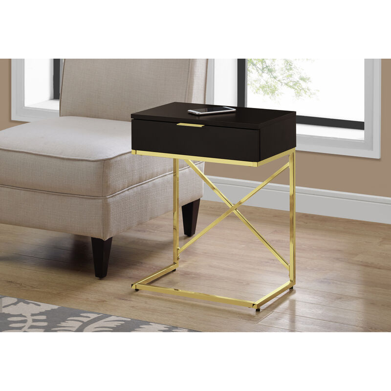 Monarch Specialties I 3476 Accent Table, Side, End, Nightstand, Lamp, Storage Drawer, Living Room, Bedroom, Metal, Laminate, Brown, Gold, Contemporary, Modern