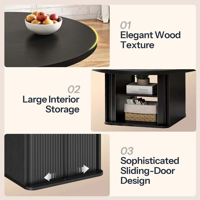 Modern Round Coffee Table with Sliding Door Storage for Living Room-Black image number 8