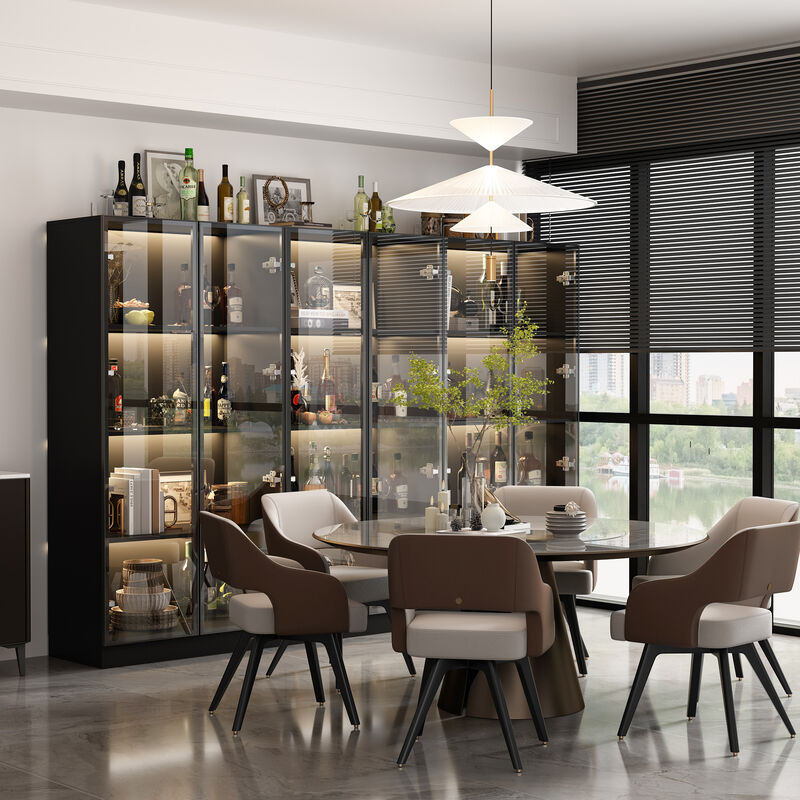 FUFU&GAGA Wood Storage Cabinet Display Cabinet with Tempered Glass Doors, 3-Color LED Lights, and Aluminum Framed, (94.5" L x 15.7" W x 63" H), Black