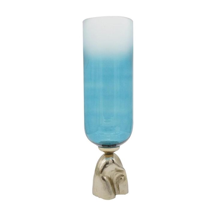 HomeRoots 21" Blue White And Gold Ombre Glass And Aluminum Pedestal Table Vase
