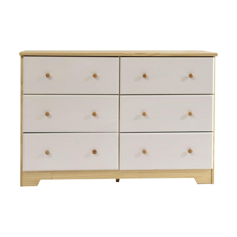 Better Home Products Solid Pine Wood 6 Drawer Double Dresser in Natural & White.
