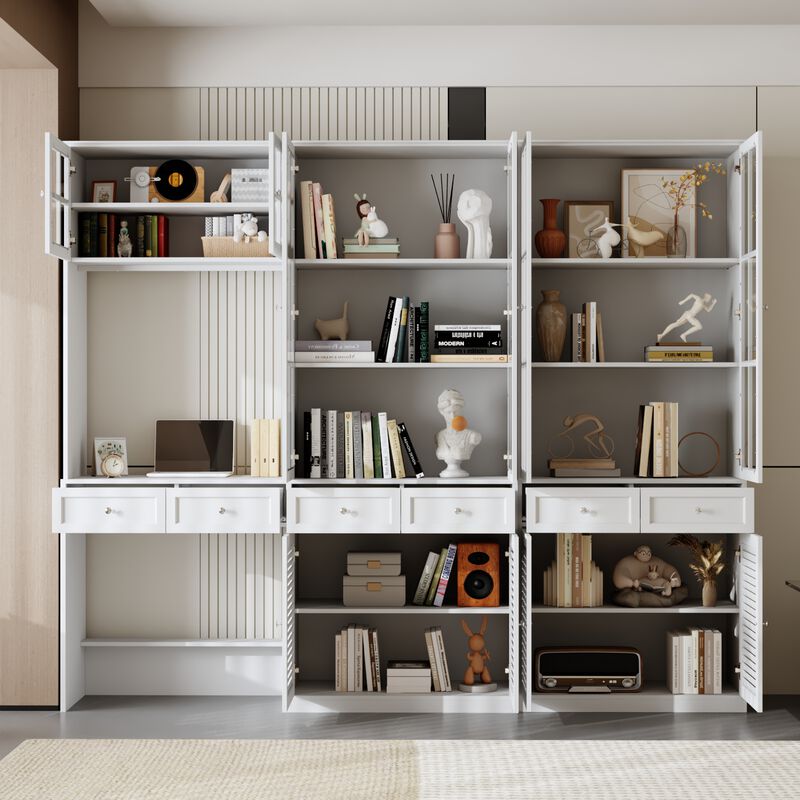 FUFU&GAGA White MDF & Tempered Glass Storage Cabinet with 6 Drawers, Adjustable Shelves & Shutter Doors, Modern Bookcase (94.5 in. W x 15.7 in. D x 78.7 in. H) image number 2