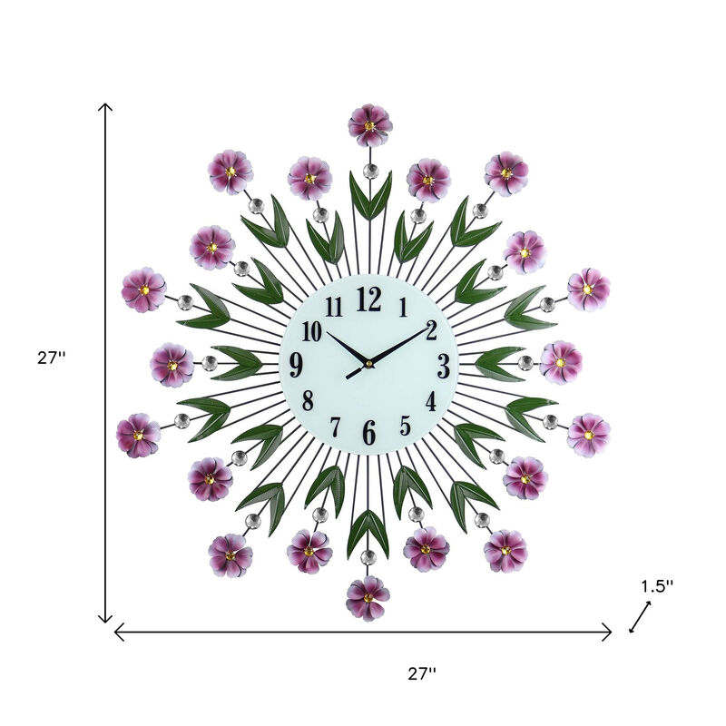 HomeRoots 27" Purple Green And White Metal and Glass Silent Analog Floral Round Wall Clock image number 4