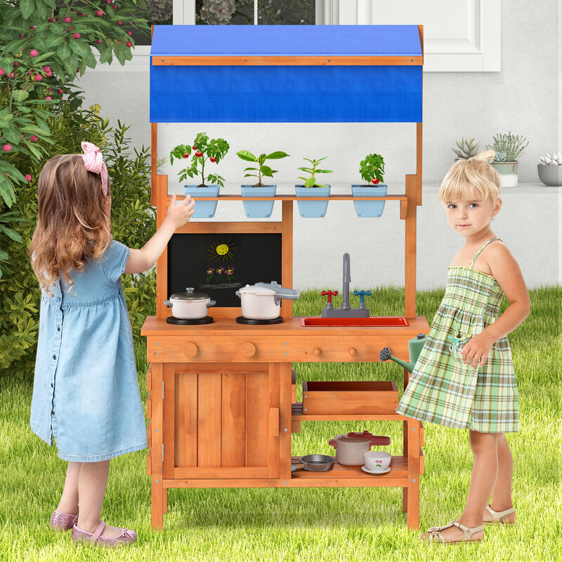 Kids Wooden Pretend Kitchen Play Set with Adjustable Canopy for Creative Play
